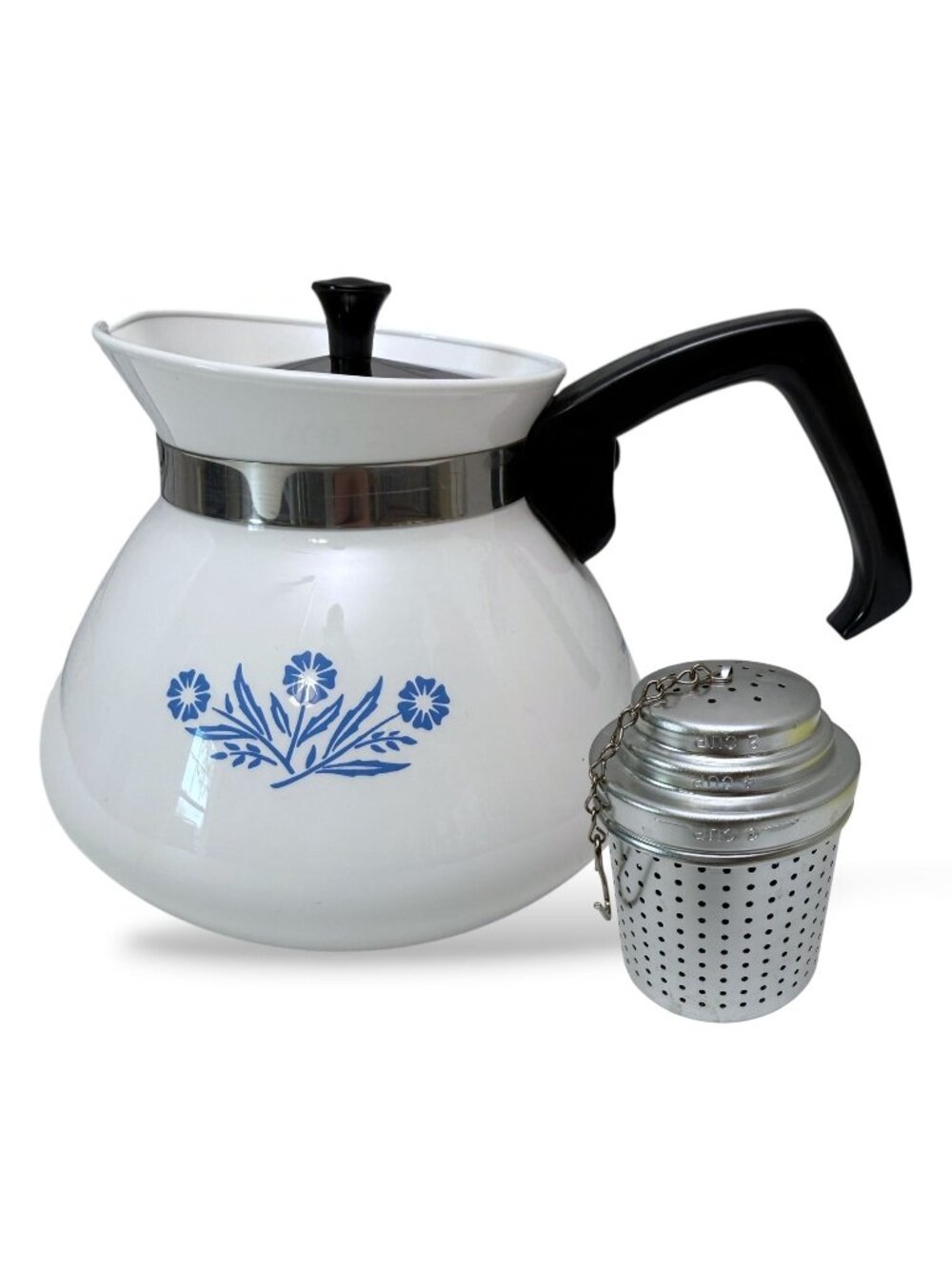Corning Ware Teapot with Tea Strainer Cornflower Blue White 6 Cup